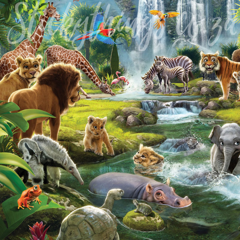 Close up of the hippo and lion in the jungle wall mural