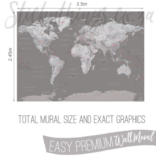 Exact Measurements (3.5m x 2.45m) of the Grey World Map Wallpaper Mural