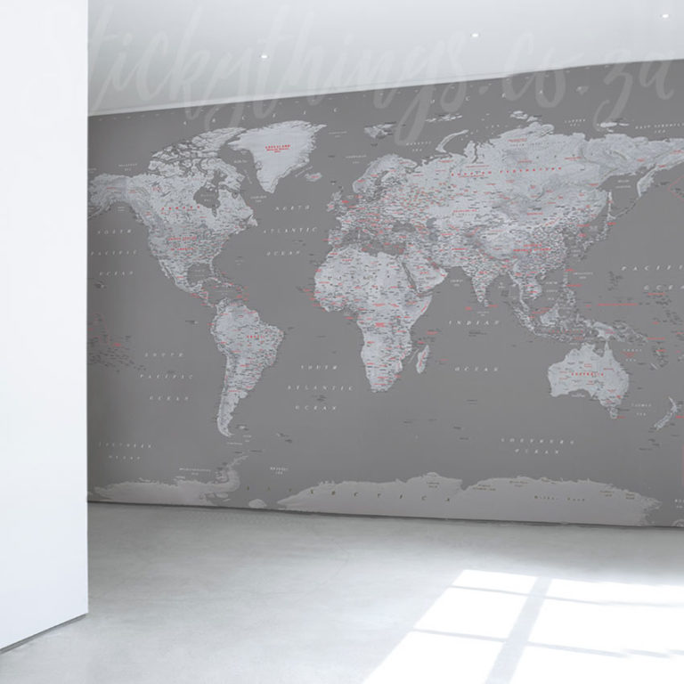 Large Grey World Map Mural in an office corridor