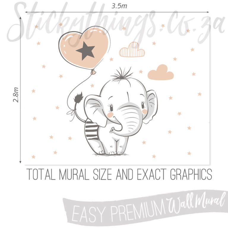 Exact measurements (3.5m x 2.8m) of the Elephant Balloon Wall Mural
