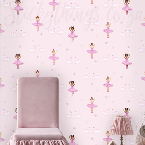 Girls bedroom with chair and the Pink Ballet Wallpaper