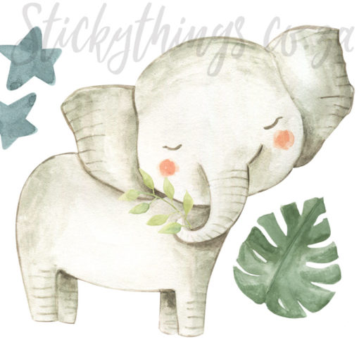 Close up of the Elephant, Monstera Leaf and Stars in the Watercolour Safari Wall Art