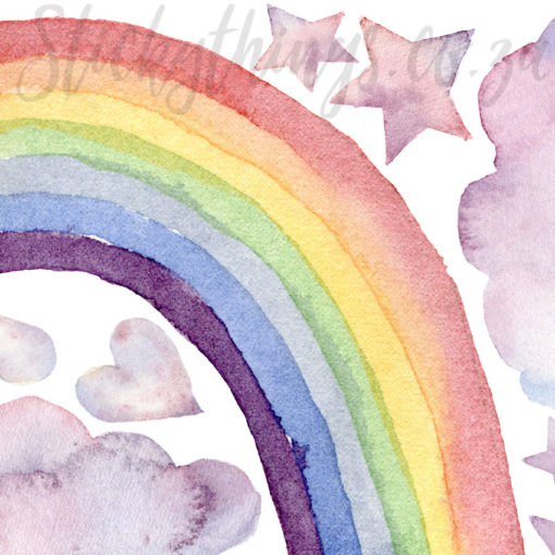 Close up of the watercolour detail of the clouds and rainbow wall stickers