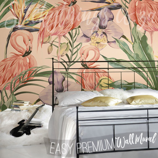 Coral Pink Flamingo Wall Mural in a bedroom
