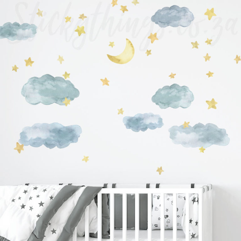 Nighttime Sky Watercolour Wall Stickers in a baby nursery