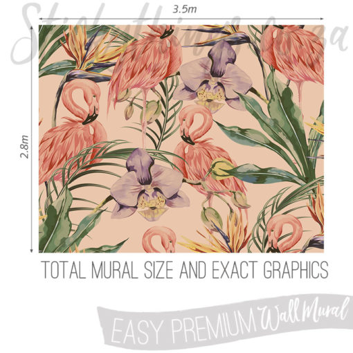 Exact measurements (3.5m x 2.8m) of the Paradise Flamingo Flowers Wall Mural