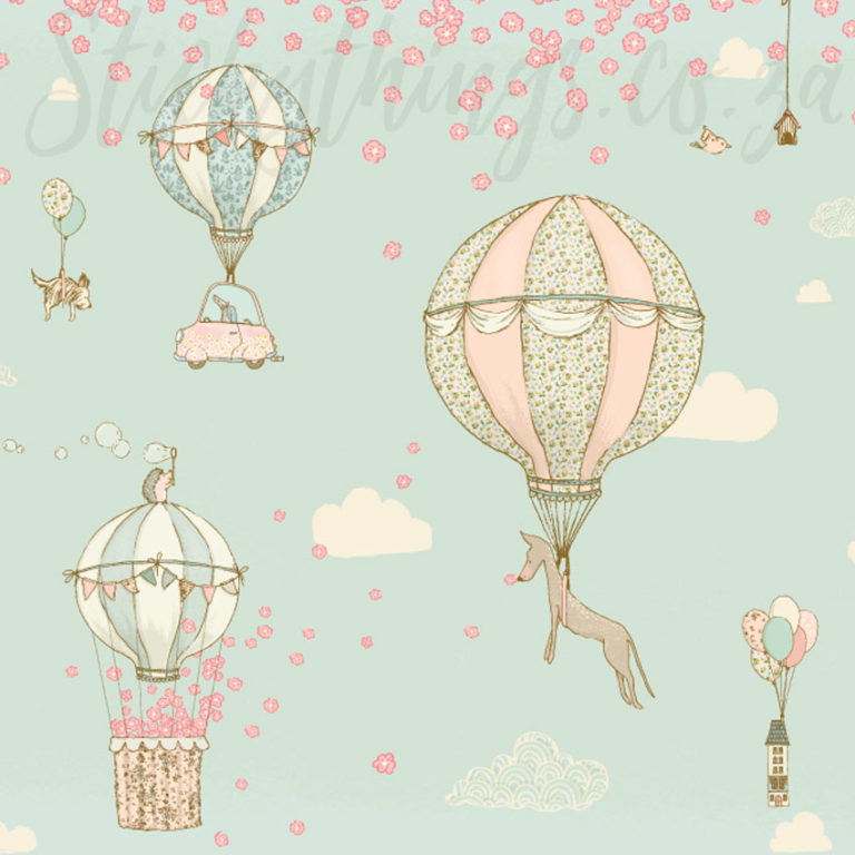 Close up of the dogs and hedgehogs in the pink hot air balloon decal poster