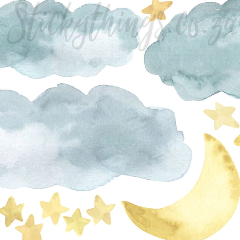 Close up of the detail in the watercolour clouds, moon and star wall decals