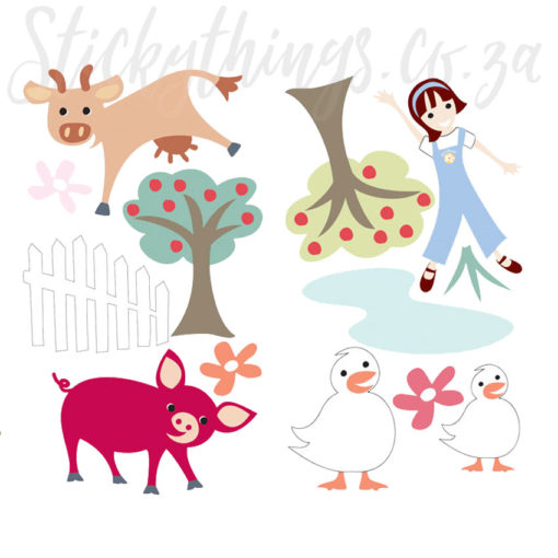 Close up of the Cow, Trees, Gem, Ducks and Pig in the Farm Wall Decal