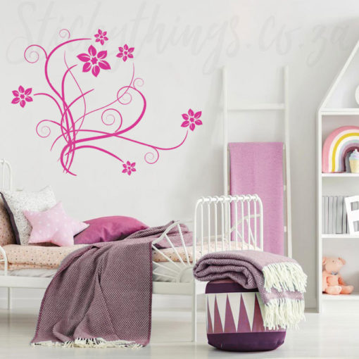 Pink Floral Scroll Wall Sticker in a girls bedroom