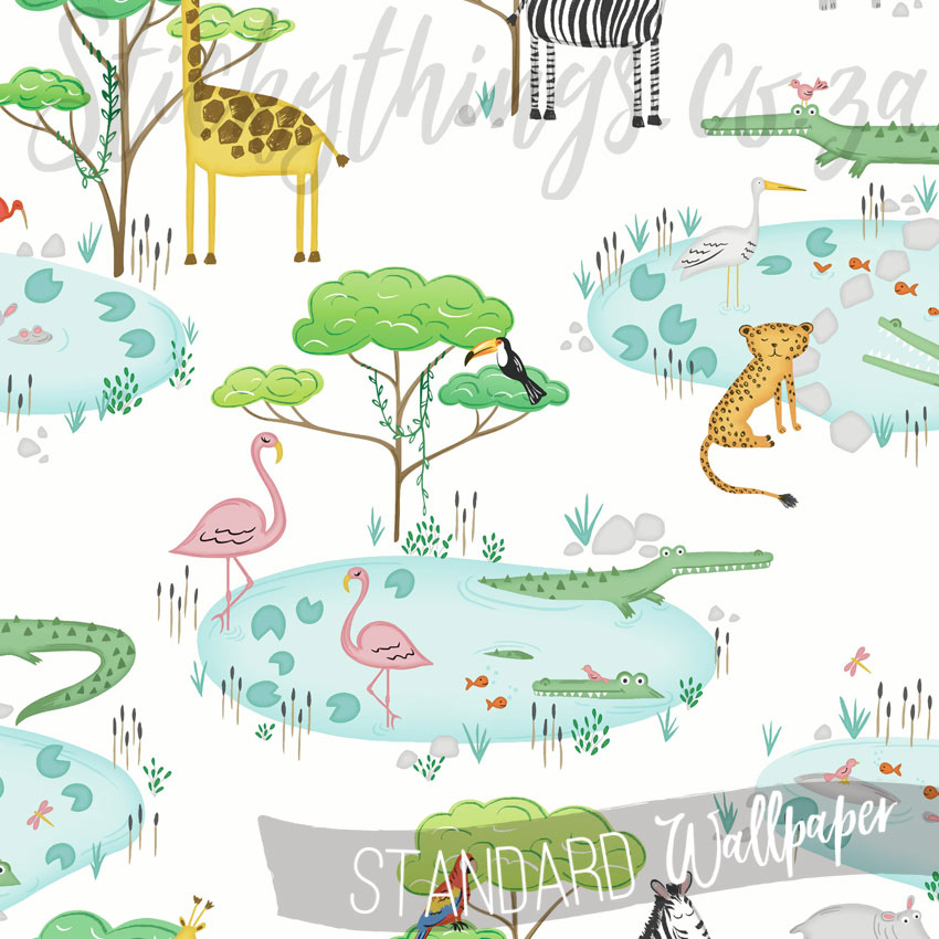 Wild Animals Wallpaper - Around the Waterhole Safari Wallpaper