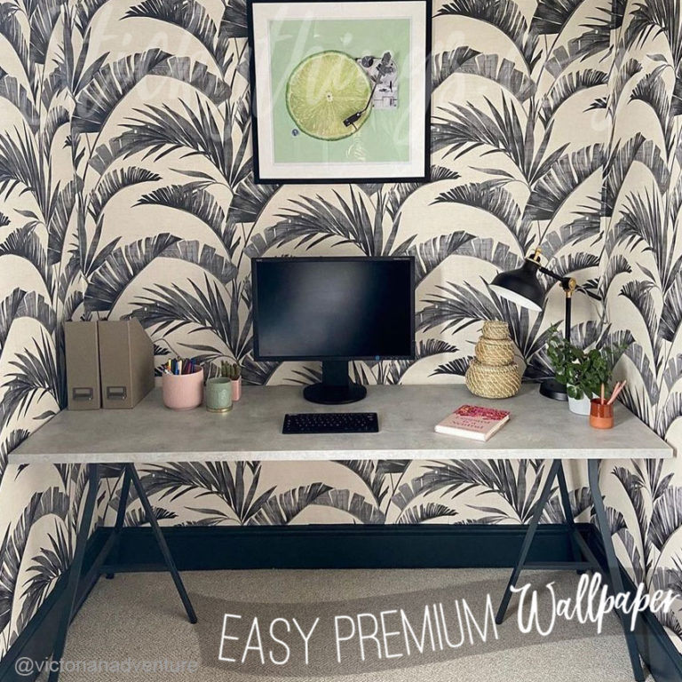 Office with the charcoal palm leaves wallpaper