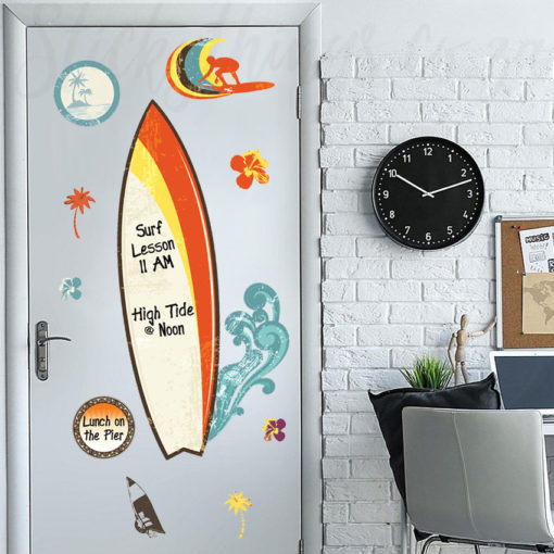 Dry Erase Surf Board Wall Decals on the back of a door