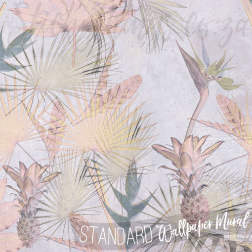 The Tropical Concrete Wall Mural features exotic flowers and leaves like palms and pineapples
