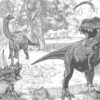Close up of the T-Rex, Triceratops, Apatosaurus and Pterodactyls in the Vintage Dinosaur Wall Mural