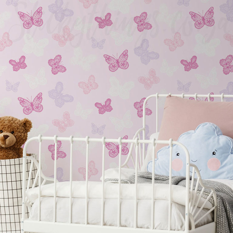 Purple and Pink Butterfly Wallpaper in a girl's room