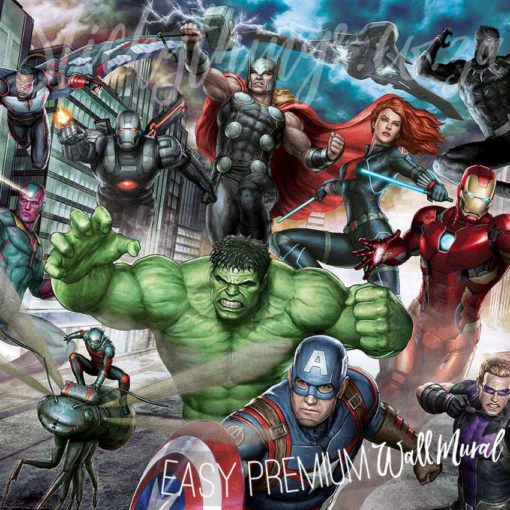 Hulk, Thor and Iron Man are featured in the Marvel Avengers Wall Mural