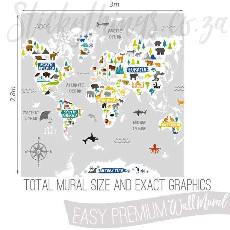 Exact measurements (3m x 2.8m) of the Grey Kids World Map Mural