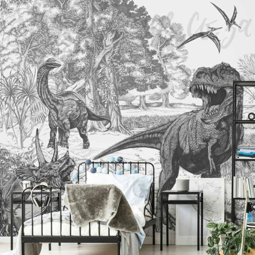 Vintage Dinosaur Wall Mural in a boys bedroom