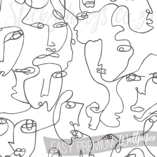 Endless line drawing of the faces in the Visage Linear Black and White Wallpaper
