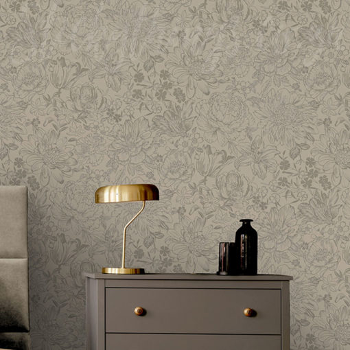 Bronze and Taupe Floral Wallpaper on wall behind a headboard and a bedside table