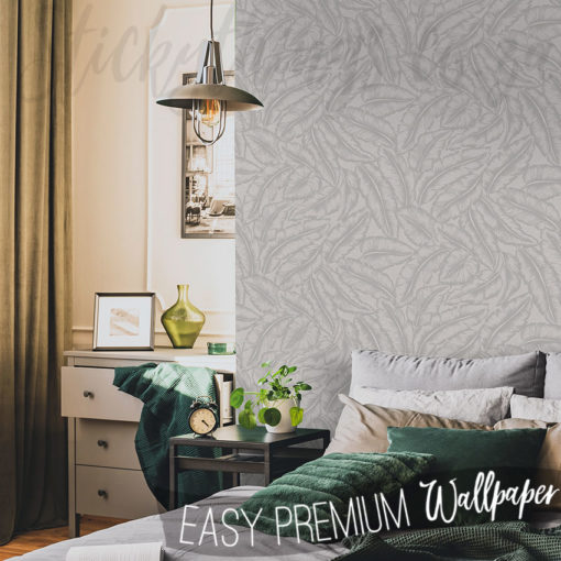 Light Grey Textured Leaves Wallpaper on a bedroom wall