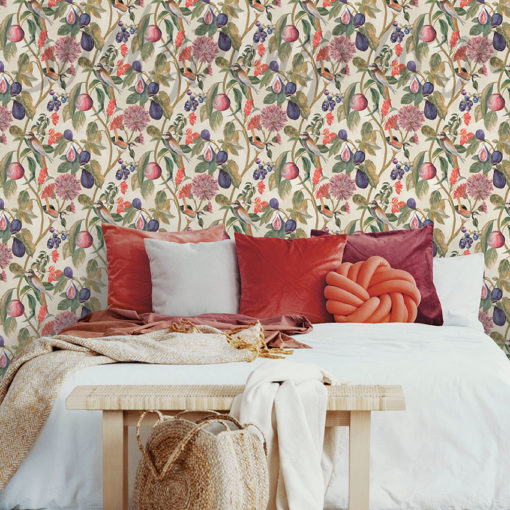 Fruits and flowers wallpaper on bedroom wall