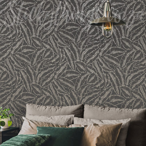 Grey Textured Leaves Wallpaper on a bedroom wall