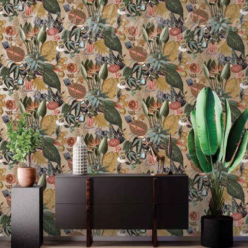 Reverie Gold Wallpaper on a wall behind a sideboard