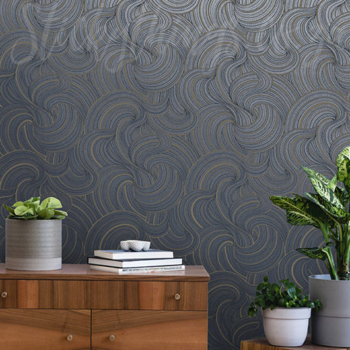 Navy Curve Wallpaper on a wall behind a table