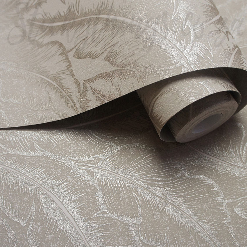 Taupe Textured Leaves Wallpaper - Metallic Glitter Palm Leaf Wallpaper