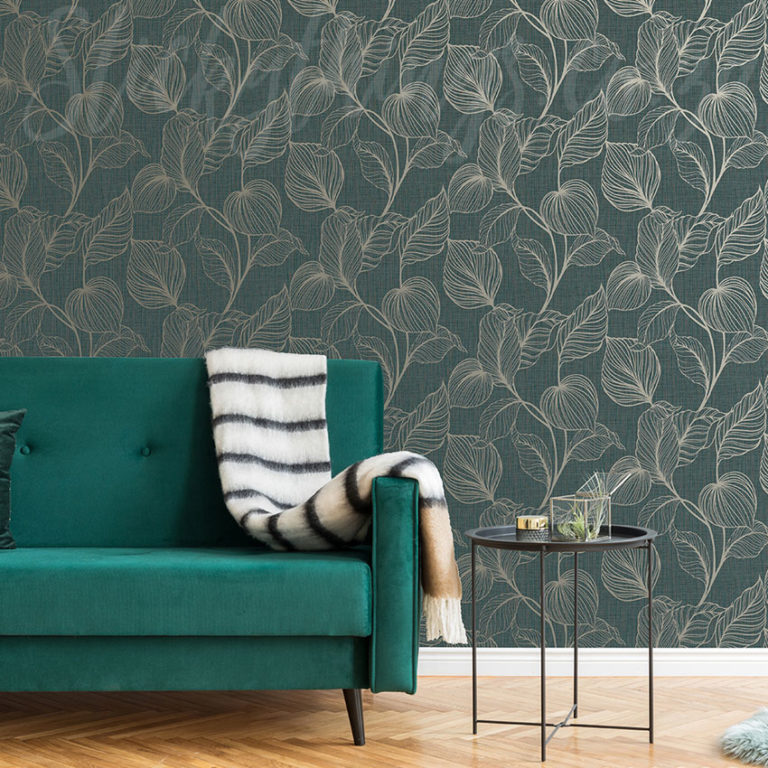 Aqua Elegant Leaves Wallpaper on a wall behind a sofa