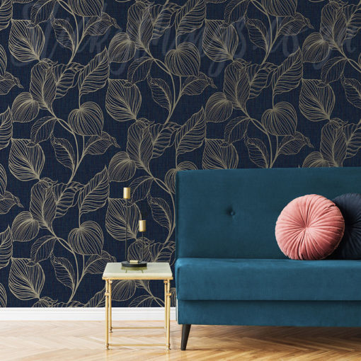 Blue Elegant Leaves Wallpaper on a wall behind a couch and a small table
