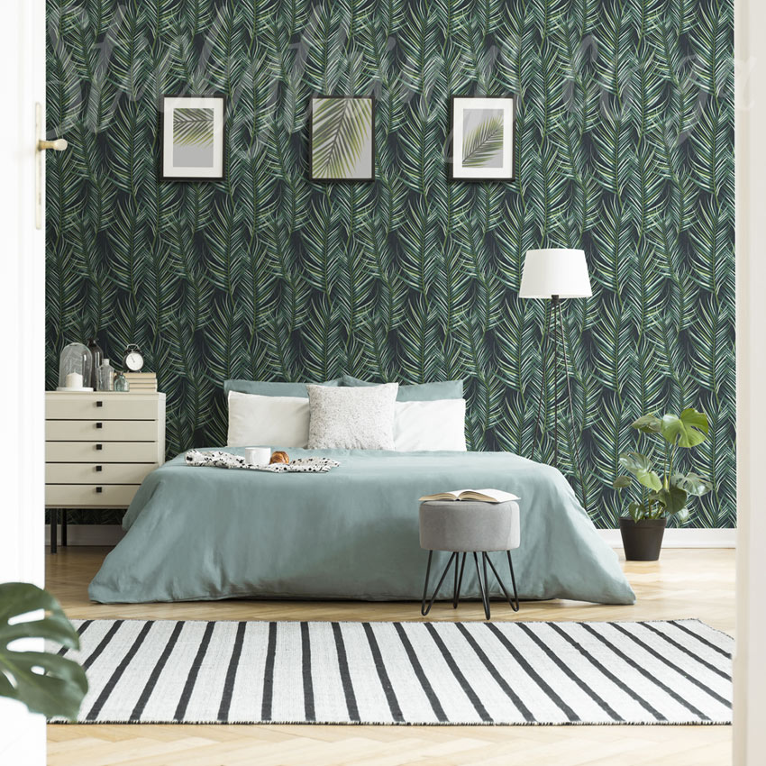 Cool Palm Leaf Wallpaper - Green and Navy Tropical Wallpaper