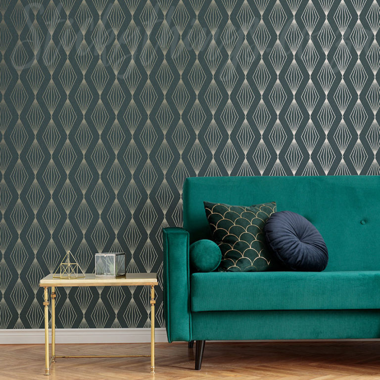 Geo Diamond Silk Wallpaper on a wall behind a sofa and a small chair