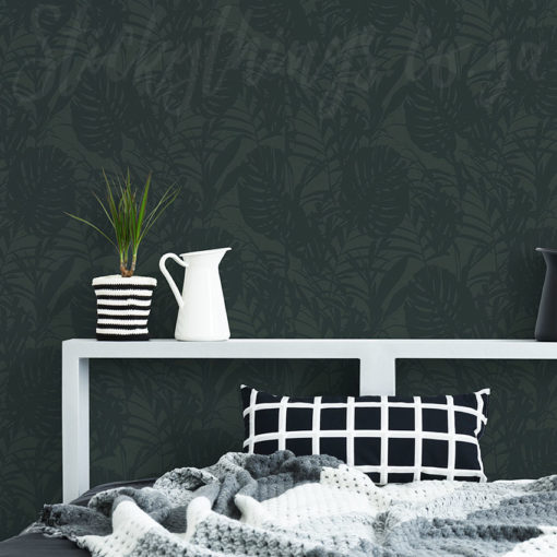 Green Palm Silhouettes Wallpaper on a bedroom wall