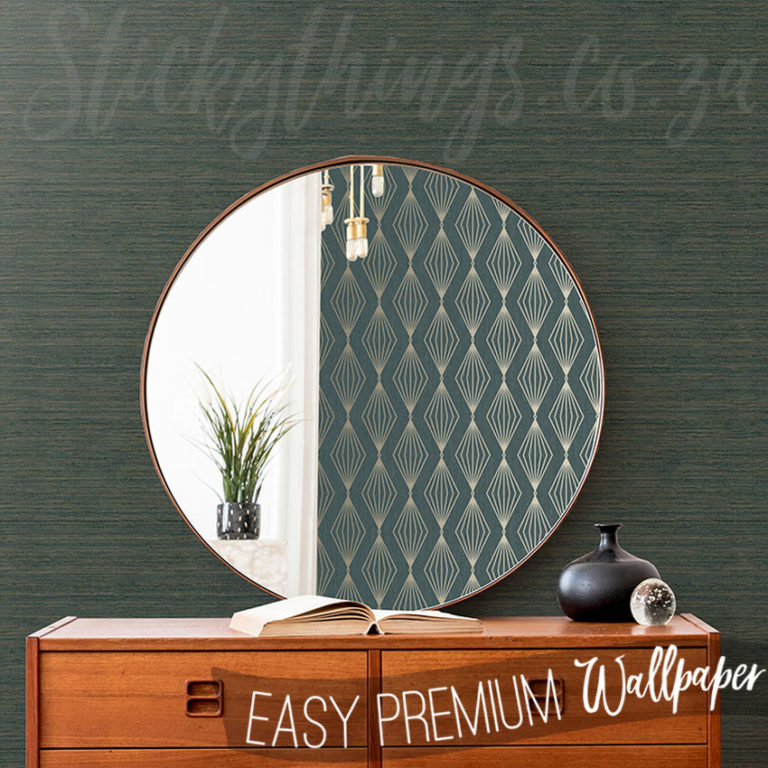 Textured Embossed Grass Cloth on wall behing a small table with a mirror on it