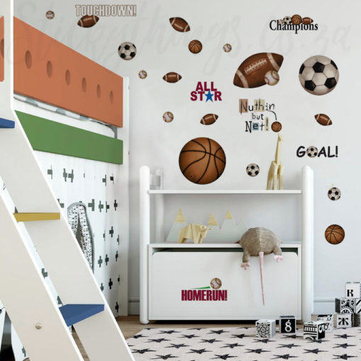 Play Ball Wall Stickers on a wall next to a bunk bed and a small cabinet