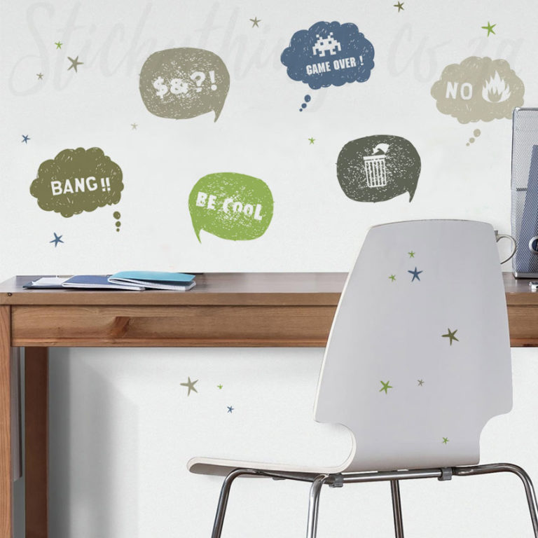 Speech Bubbles Gaming Decals on a wall above, under a table and on the back of a chair