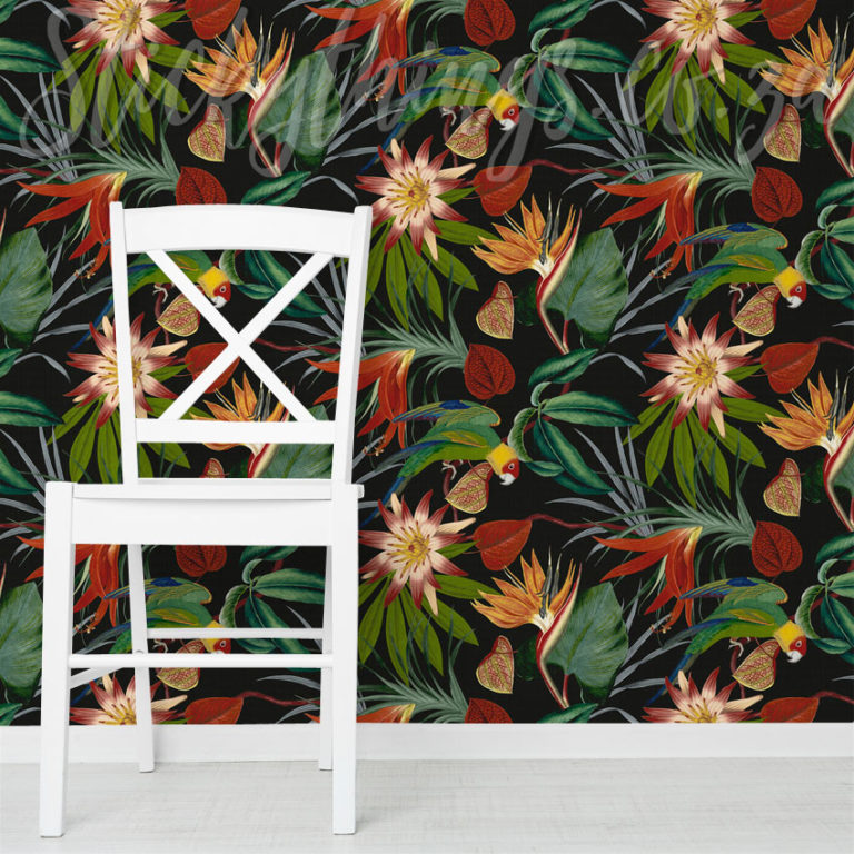 Parrot Black Wallpaper on a wall behind a white chair