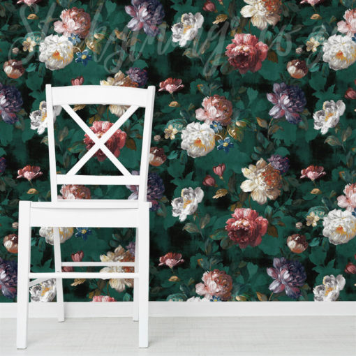 Green Handpainted Roses Wallpaper on a wall in a living room