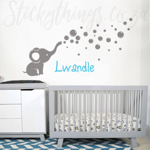 Elephant Name Wall Decal above a cot in a Nursery