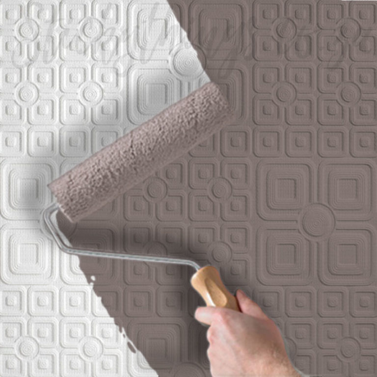 Retro Squares Paintable Wallpaper on a wall being painted