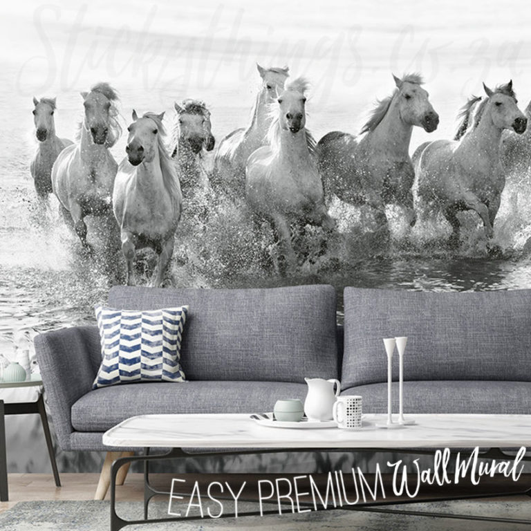 Monochrome Horse Wall Art behind a couch