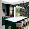 Tropical paradise wallpaper on a kitchen wall.