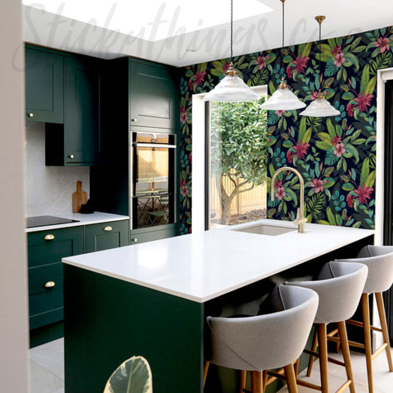 Tropical paradise wallpaper on a kitchen wall.