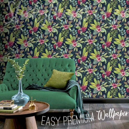 Tropical Flowers Wallpaper on a living room wall