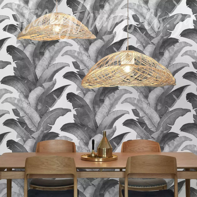 Grey Tropical Plantation Wallpaper on a dining room wall