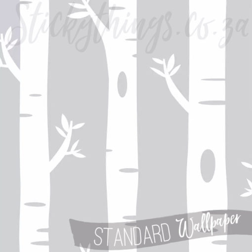 A close up of White Birch Trees on Grey Wallpaper