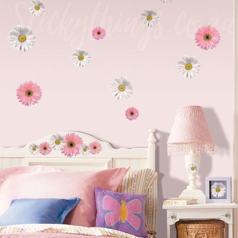 Flower Power Wall Stickers on a wall in a girl's bedroom on and above a headboard